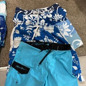 Blue Floral and Solid Swim Shorts